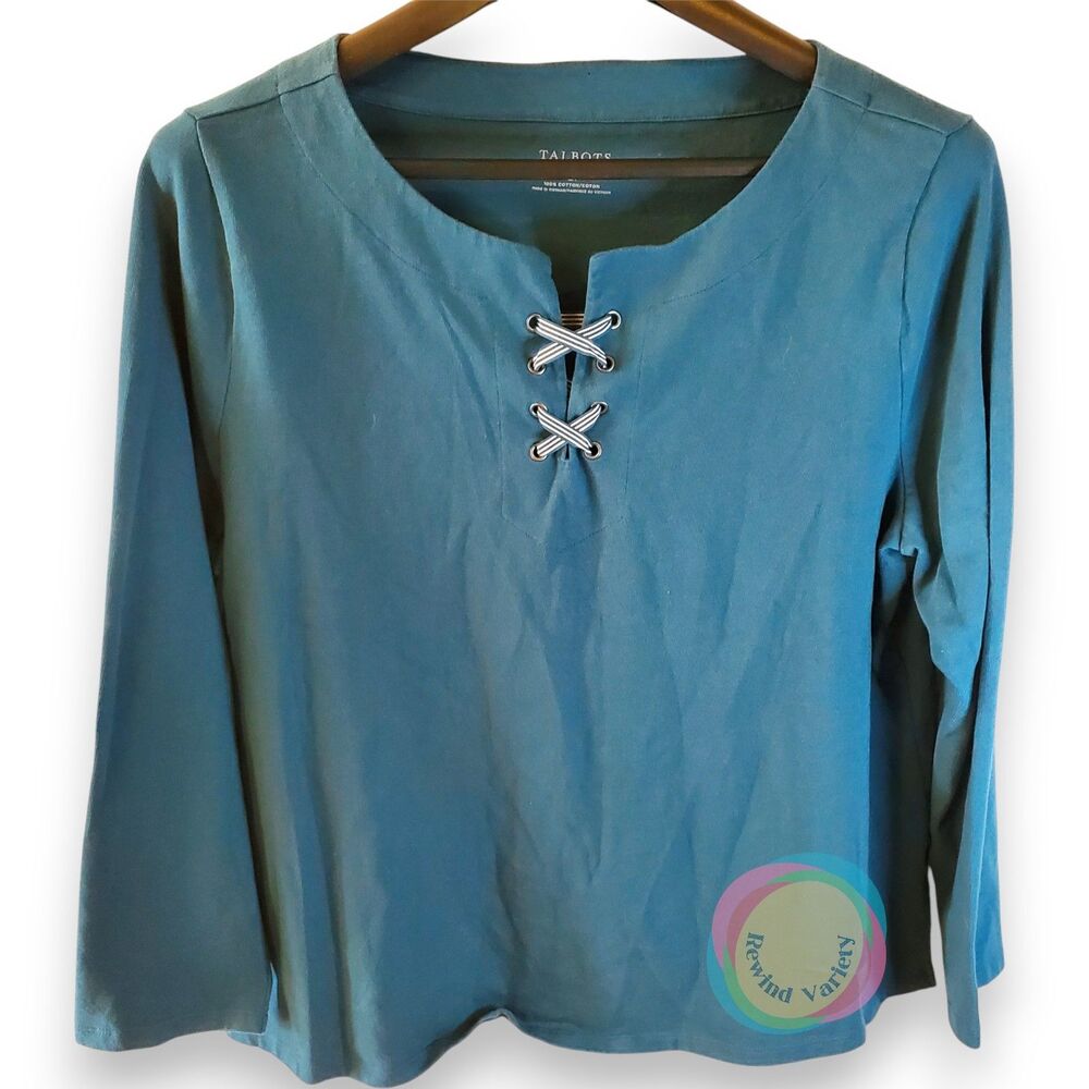 Talbots Teal Cotton Lace Up Tunic Top 2X